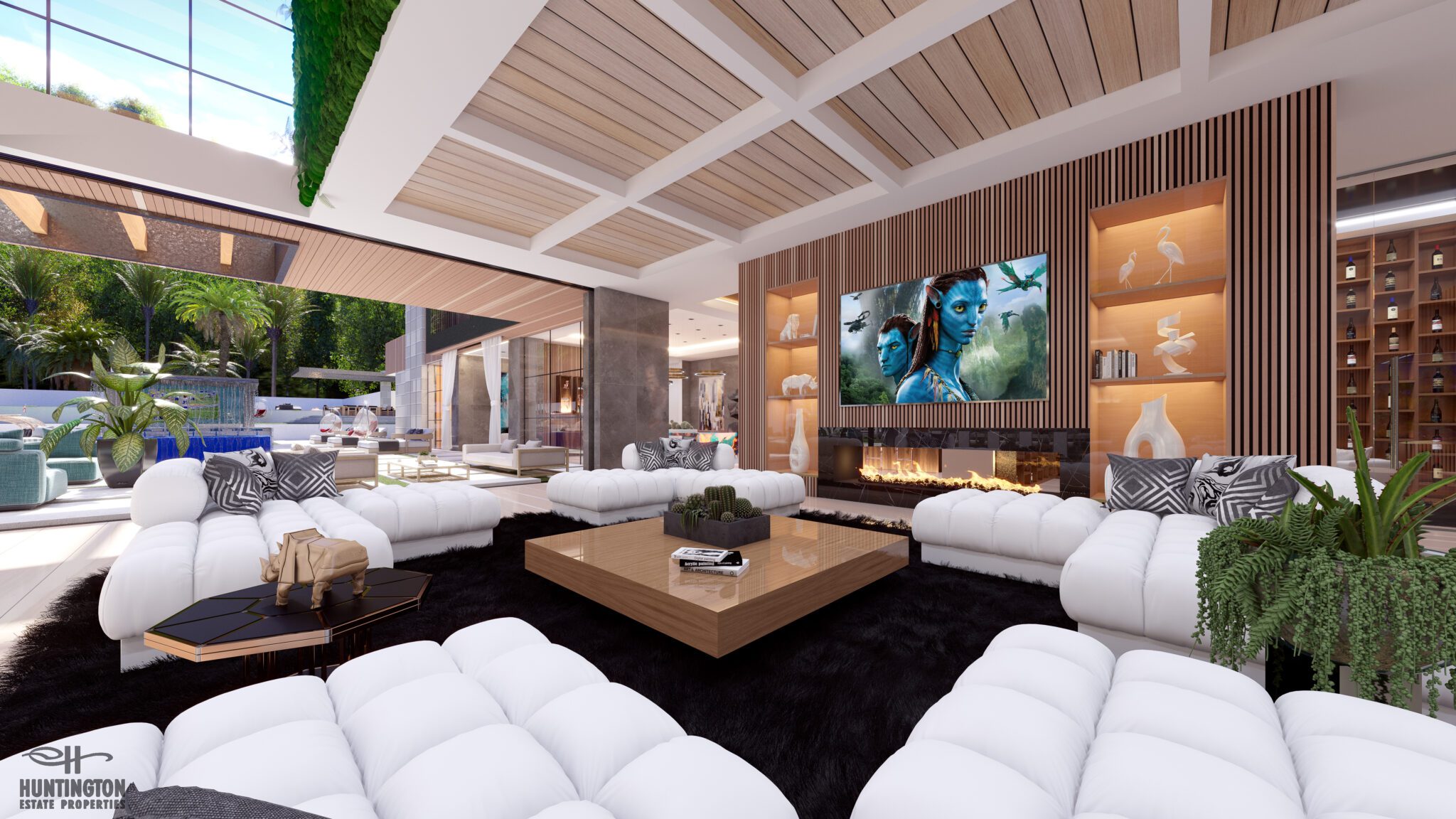 indoor entertainment center in LA luxury home with outdoor access