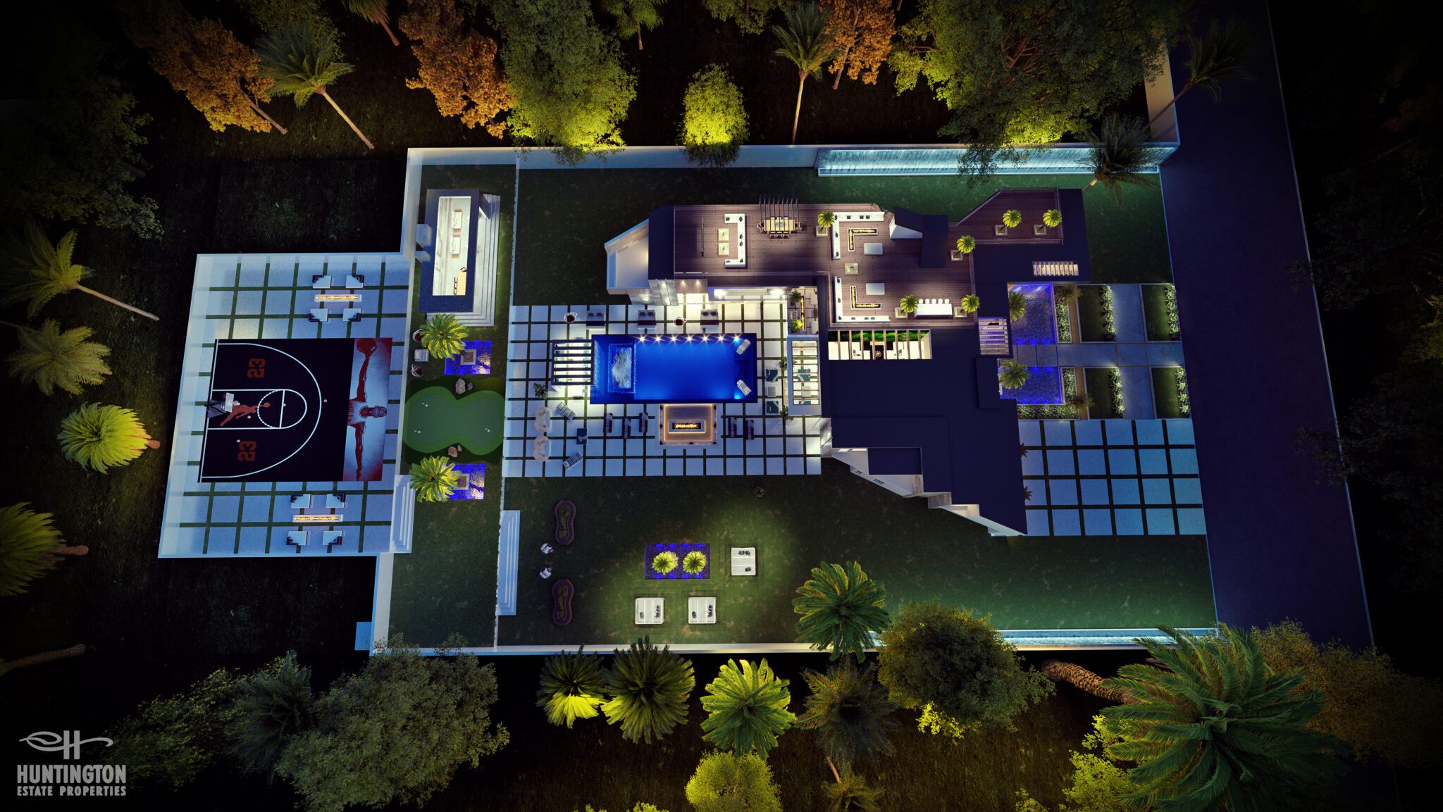 aerial shot of luxury property complete with basketball court and pool