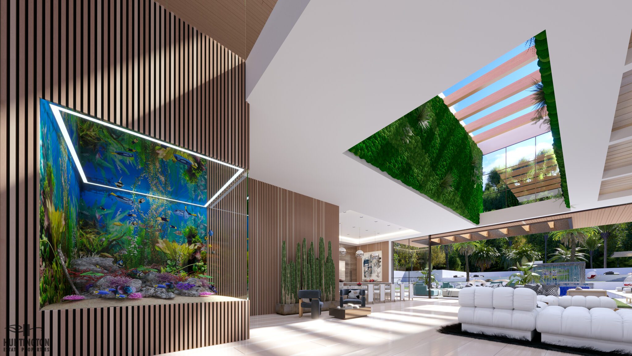 aquarium in luxury home with natural lighting from skylights