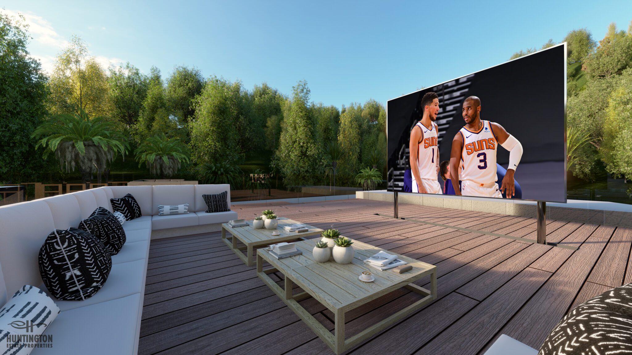 outdoor entertainment are on wood deck