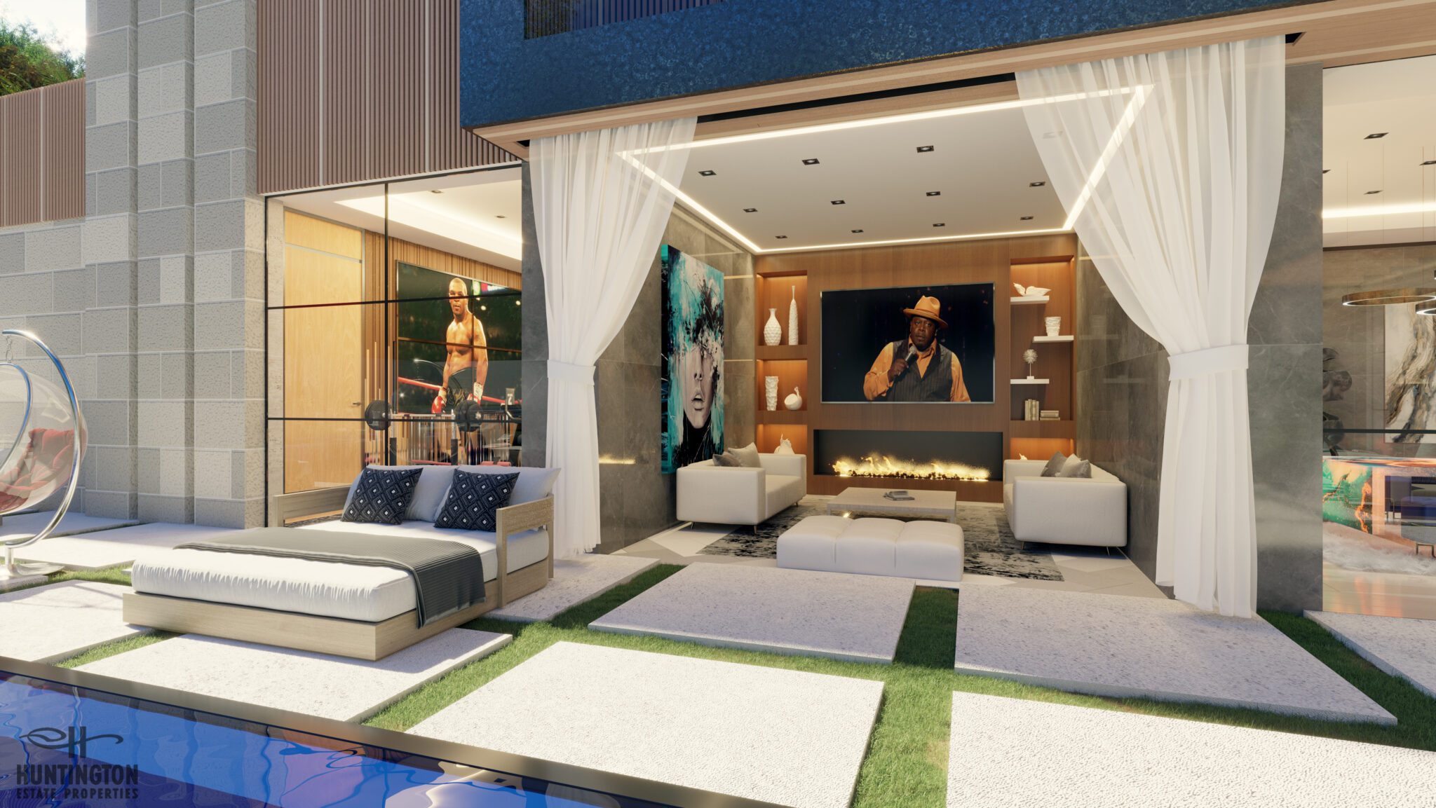 luxury fireside entertainment center next to pool