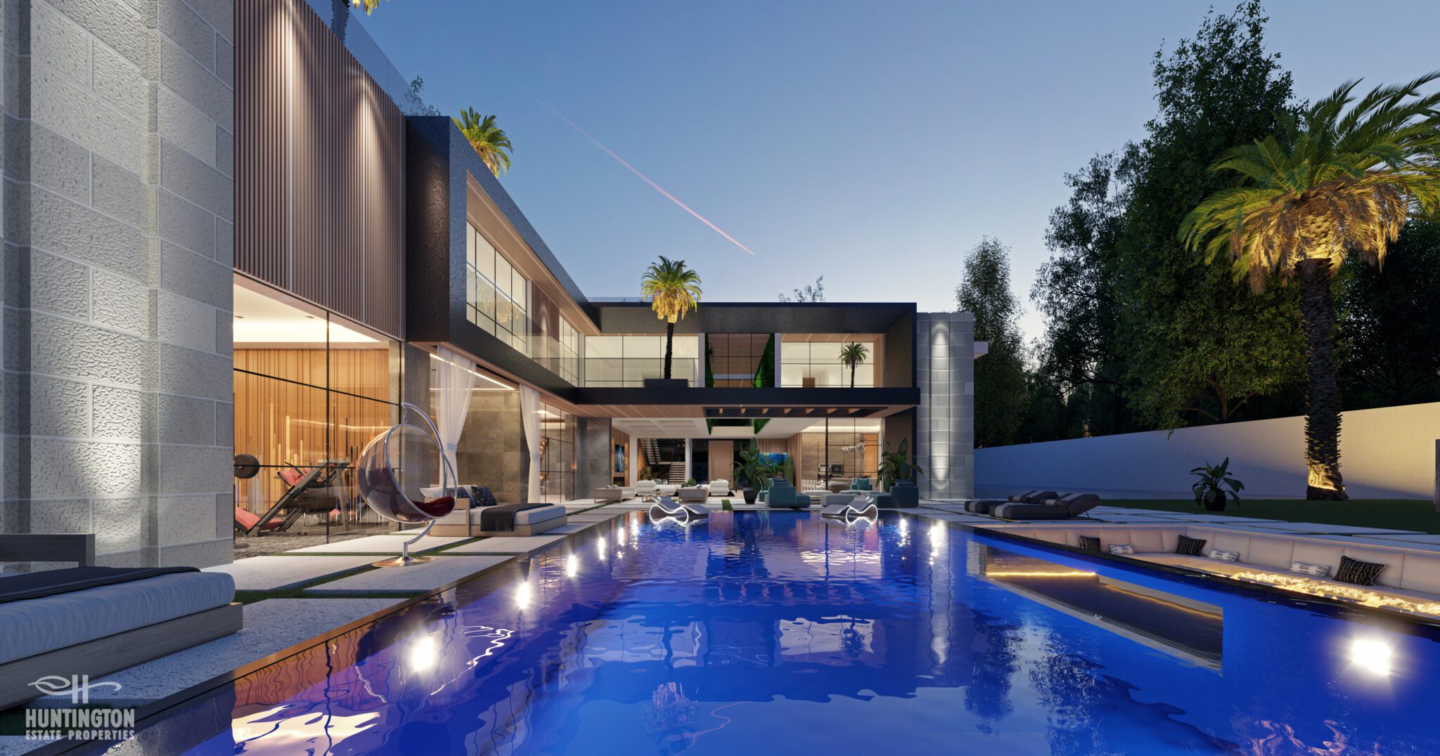 luxury outdoor pool at evening hours