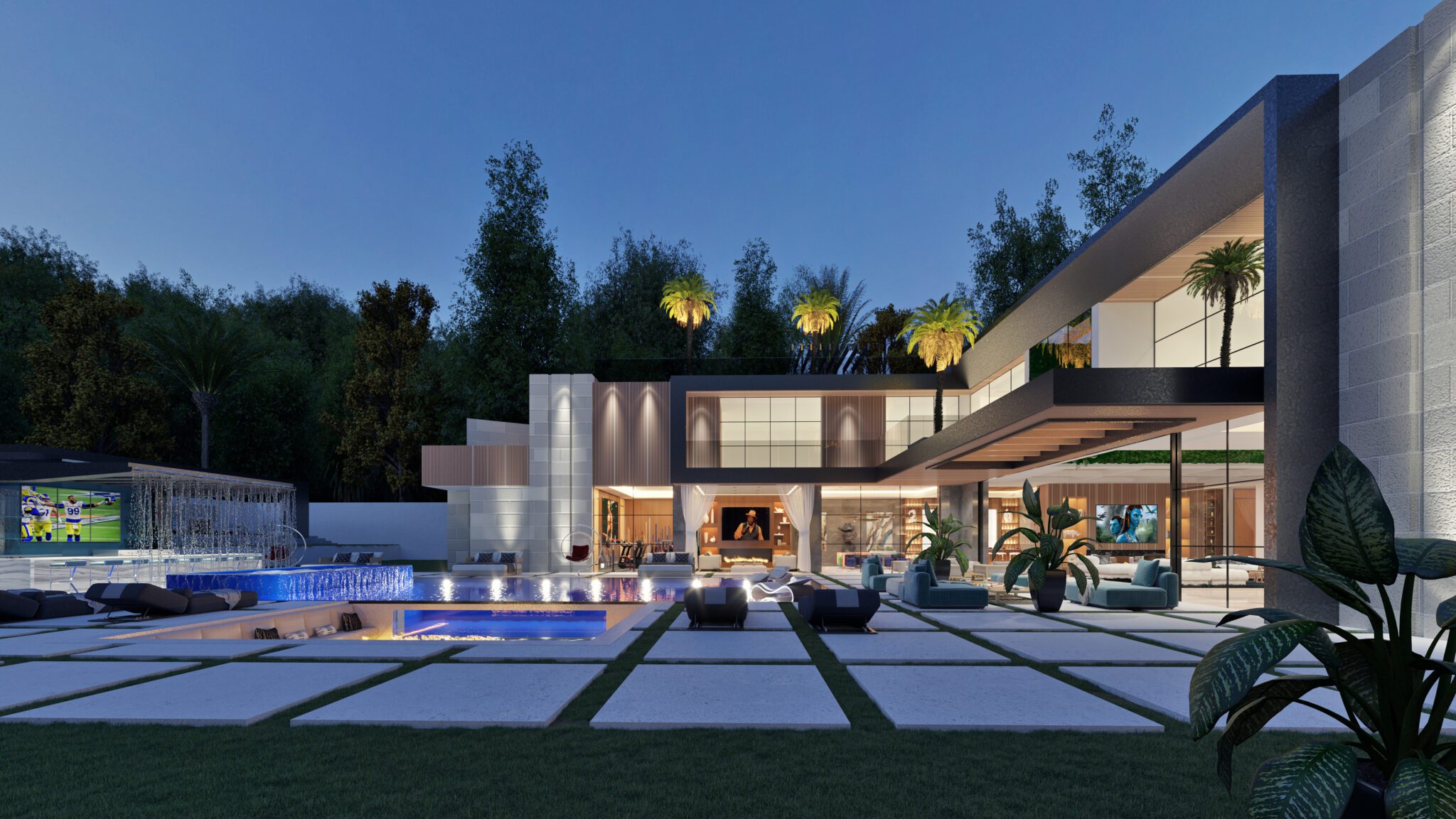 wide view of outdoor patio, pool and home at evening hours