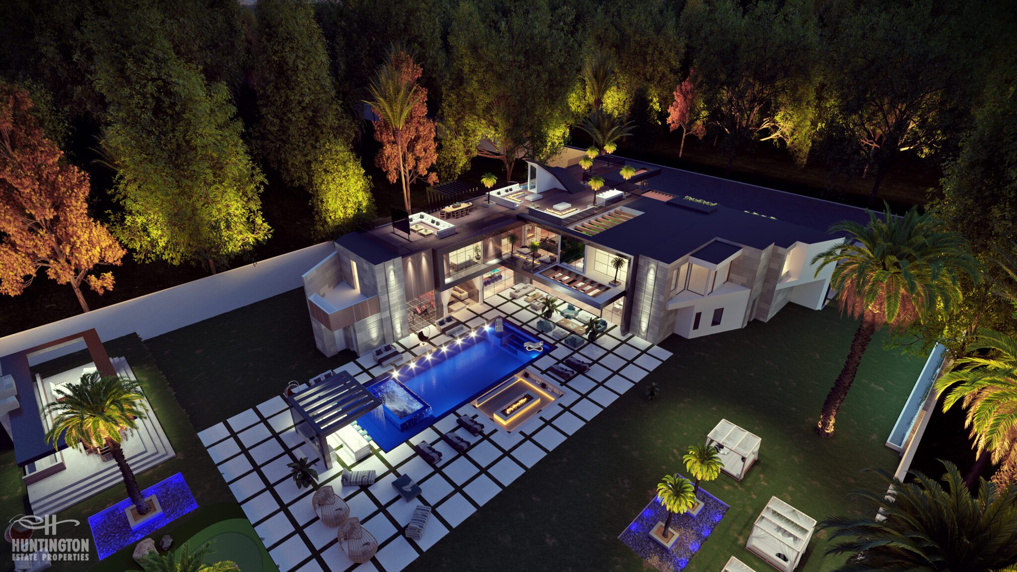 overhead view of pool and patio at LA luxury home