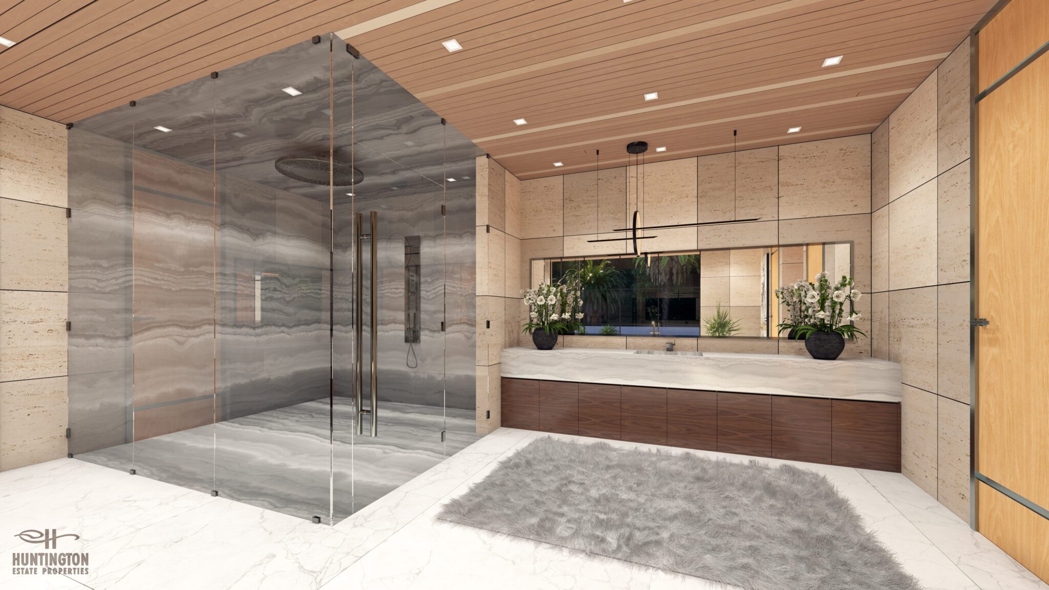 modern master bath with large glass shower