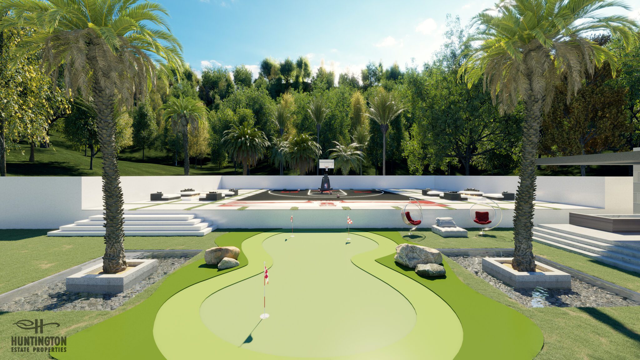 putting green and basketball court in Luxury LA home