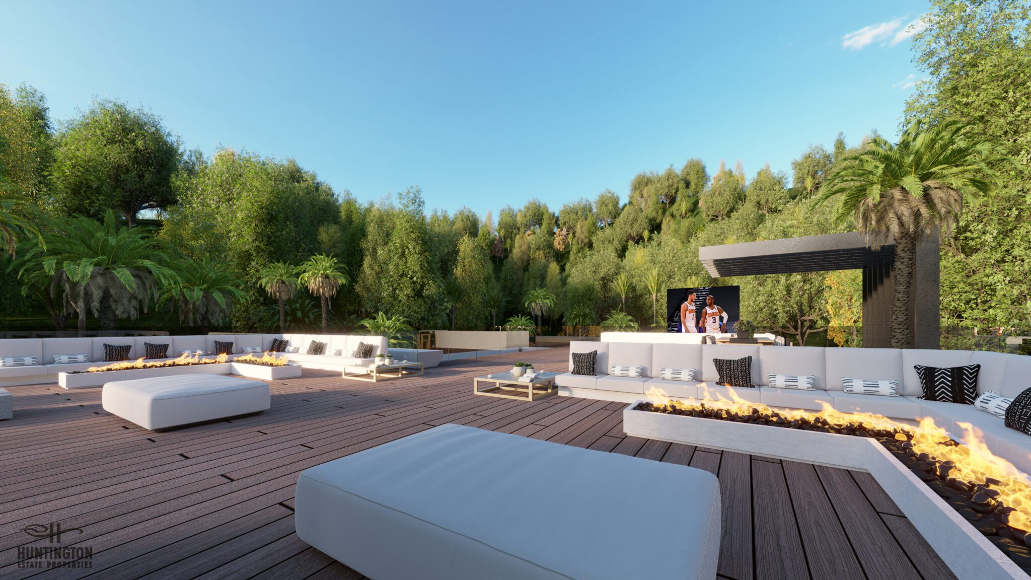 large outdoor entertainment area on wooden deck